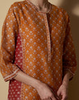 Mustard-Red Block-Printed Kurta Set