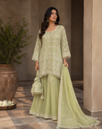 Pista Green Lucknowi Short Kurti With Sharara