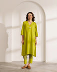 Lime Handwoven Cotton & Check Kurta