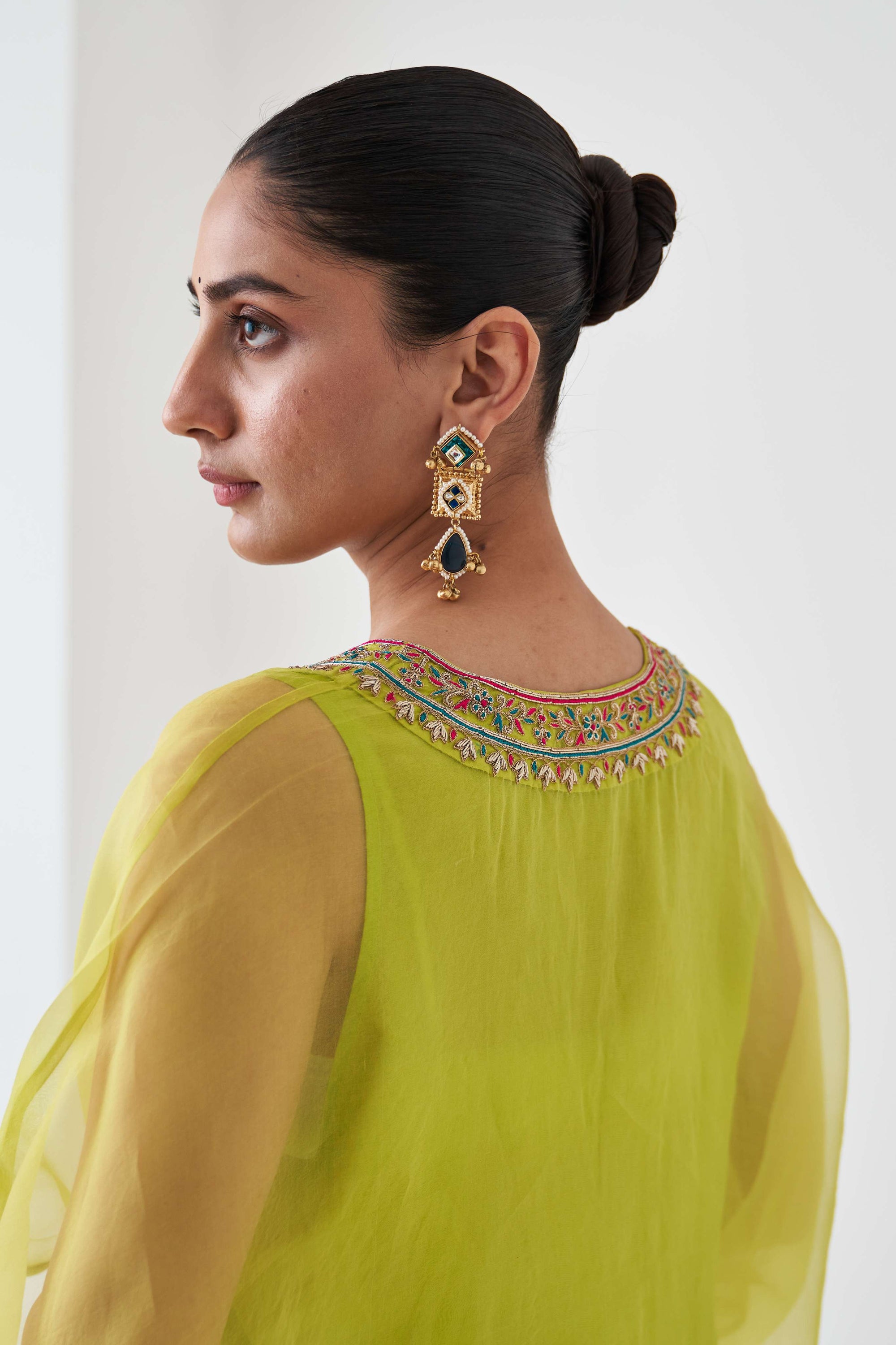 LIME GREEN ORGANZA EMBOIDERED KAFTAN KURTA & SILK SLIP & SILK PANTS
