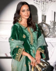 ARUSHI MEHRA IN MEHFIL GREEN SILK VELVET HANDCRAFTED KURTA SET
