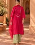 Red Kurta Set With Contrast Pants