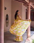 Adira Mustard Floral Printed Luxe Organza Saree