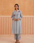 Powder Blue Mul Chanderi Kurta Set with V-Lace Yoke