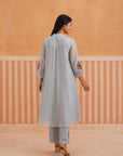 Powder Blue Mul Chanderi Kurta Set with V-Lace Yoke