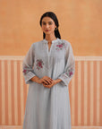 Powder Blue Mul Chanderi Kurta Set with V-Lace Yoke