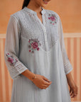 Powder Blue Mul Chanderi Kurta Set with V-Lace Yoke