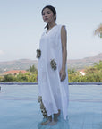 WHITE/GREEN A-LINE LONG DRESS