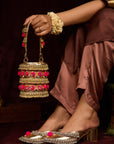 Gold Ghungroo Crown Mule Heel & Gold Pompom Bag (Combo)