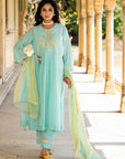 Pastel Blue Poppy Motif Boota A-line Kurta Set
