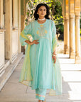 Pastel Blue Poppy Motif Boota A-line Kurta Set