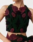 Wild Tulip Pre-Stitched Saree Set In Black with Pink & Green Tulip Embroidery