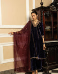 ANOKHI BLUE SILK VELVET HANDCRAFTED KURTA SET