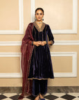ANOKHI BLUE SILK VELVET HANDCRAFTED KURTA SET