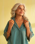 Teal Blue Handwoven Cotton & Ikat Co-ord Set