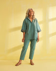 Teal Blue Handwoven Cotton & Ikat Co-ord Set