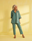 Teal Blue Handwoven Cotton & Ikat Co-ord Set