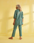 Teal Blue Handwoven Cotton & Ikat Co-ord Set