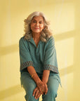 Teal Blue Handwoven Cotton & Ikat Co-ord Set
