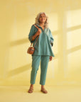 Teal Blue Handwoven Cotton & Ikat Co-ord Set