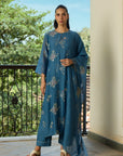 Dark Blue Kurta Set With Applique