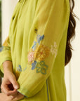 Lime Kurta Set With Placement Applique Embroidery