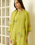 Lime Kurta Set With Placement Applique Embroidery