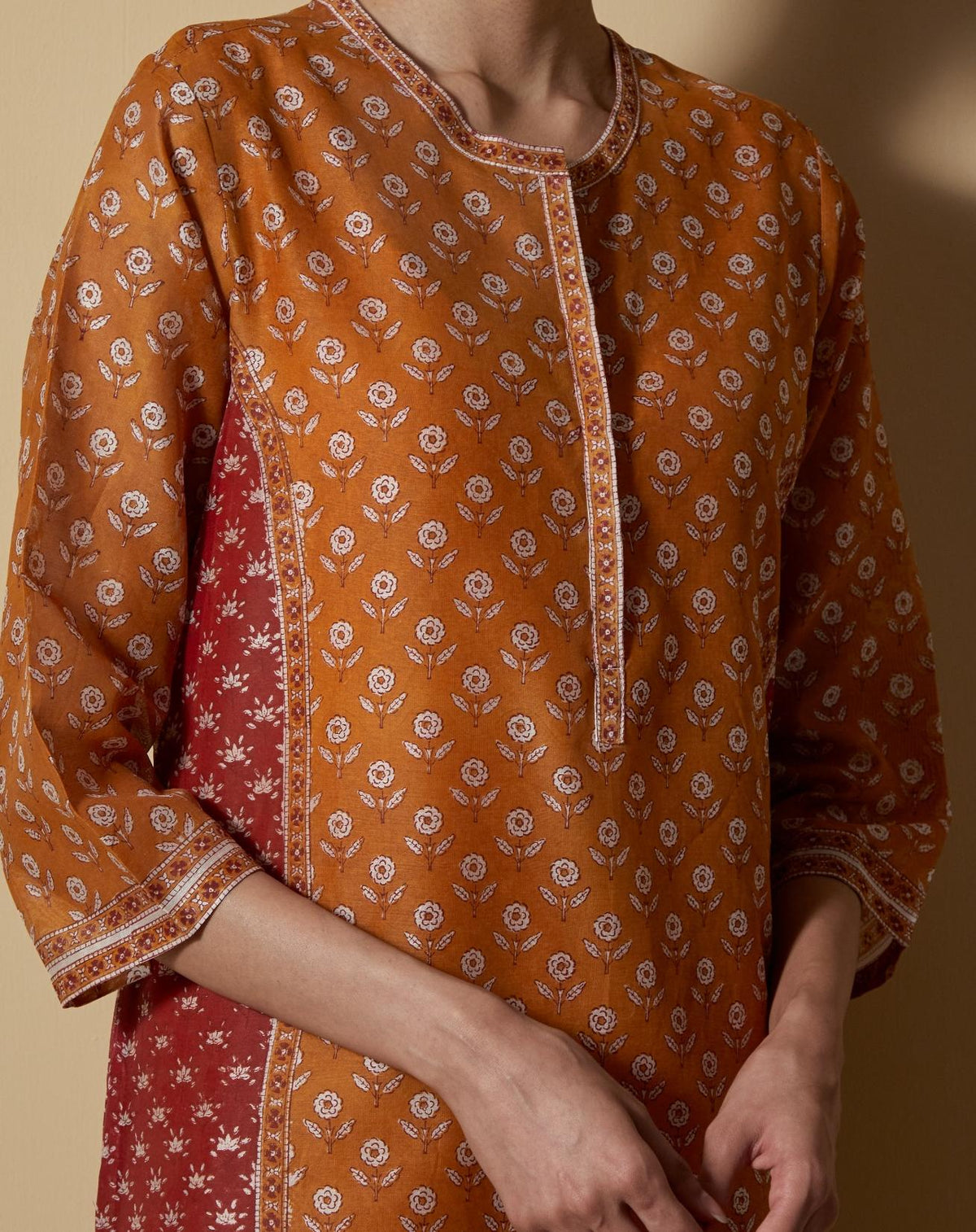 Mustard-Red Block-Printed Kurta Set