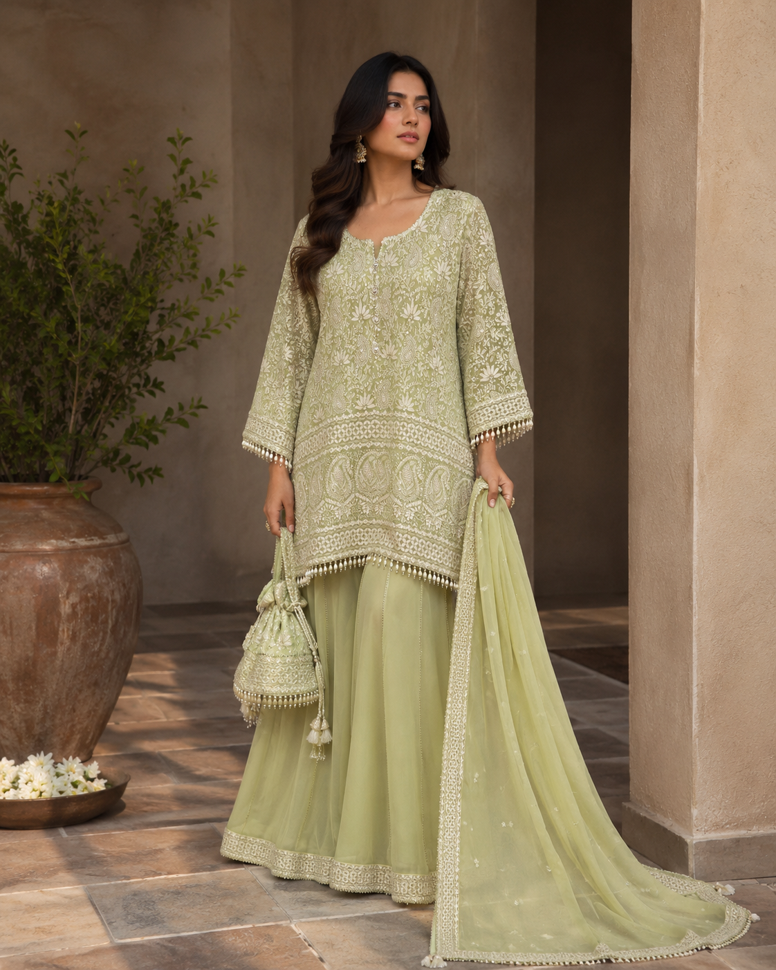 Pista Green Lucknowi Short Kurti With Sharara