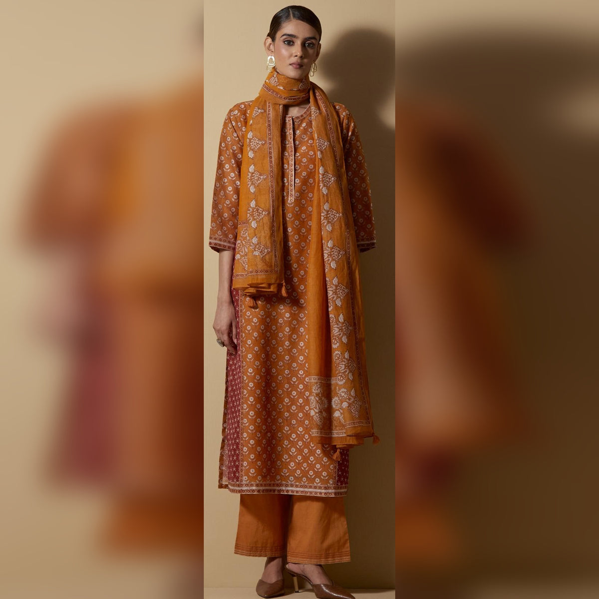 Mustard-Red Block-Printed Kurta Set