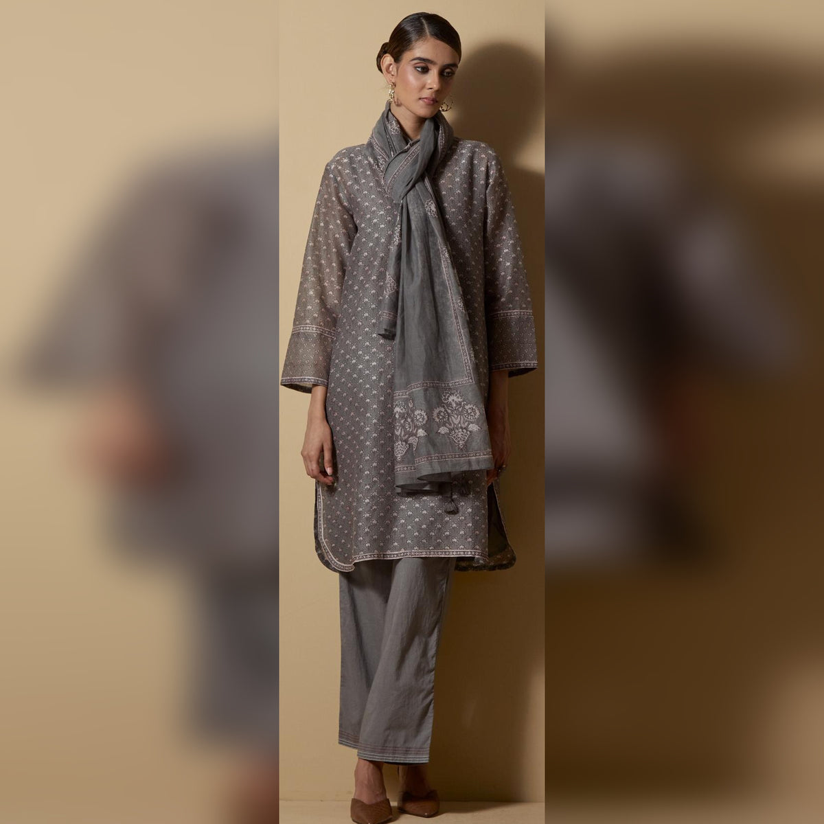 Grey Block-Printed Short Kurta Set