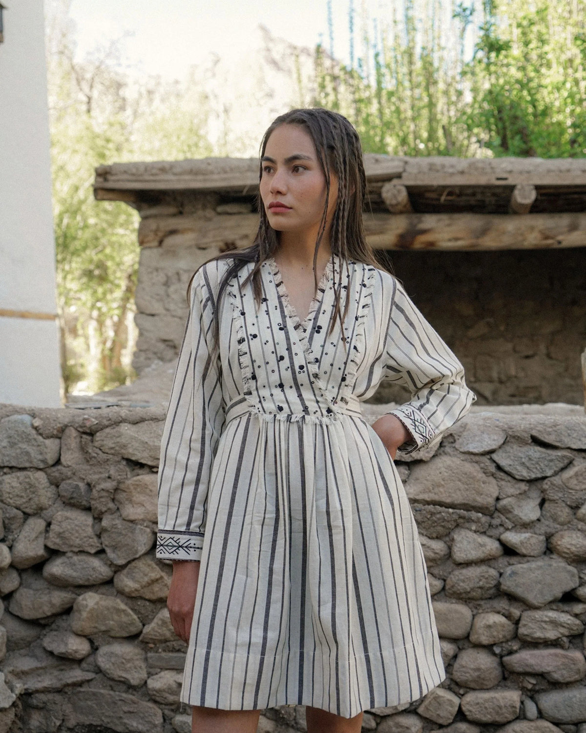 Hawai Embroidered Dress In Stripe
