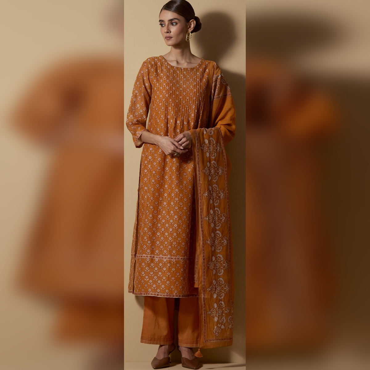 Mustard Flared Block-Printed Kurta Set
