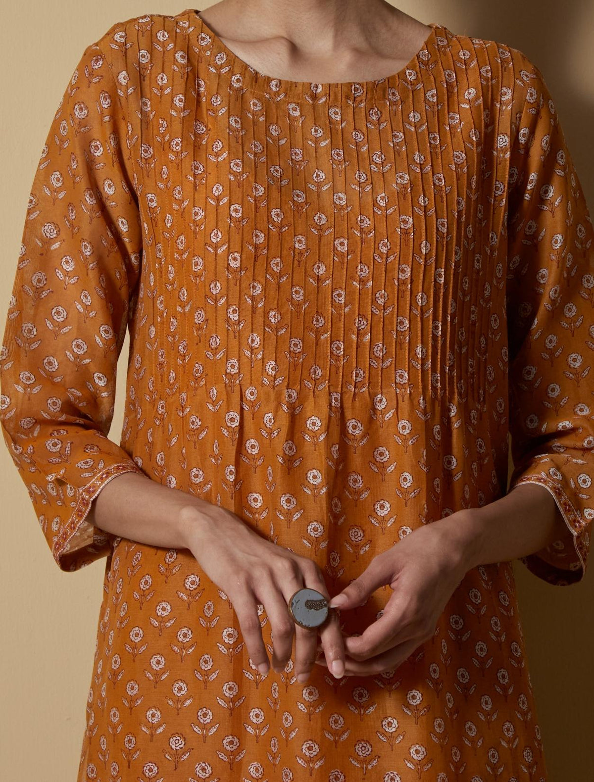 Mustard Flared Block-Printed Kurta Set