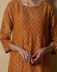 Mustard Flared Block-Printed Kurta Set