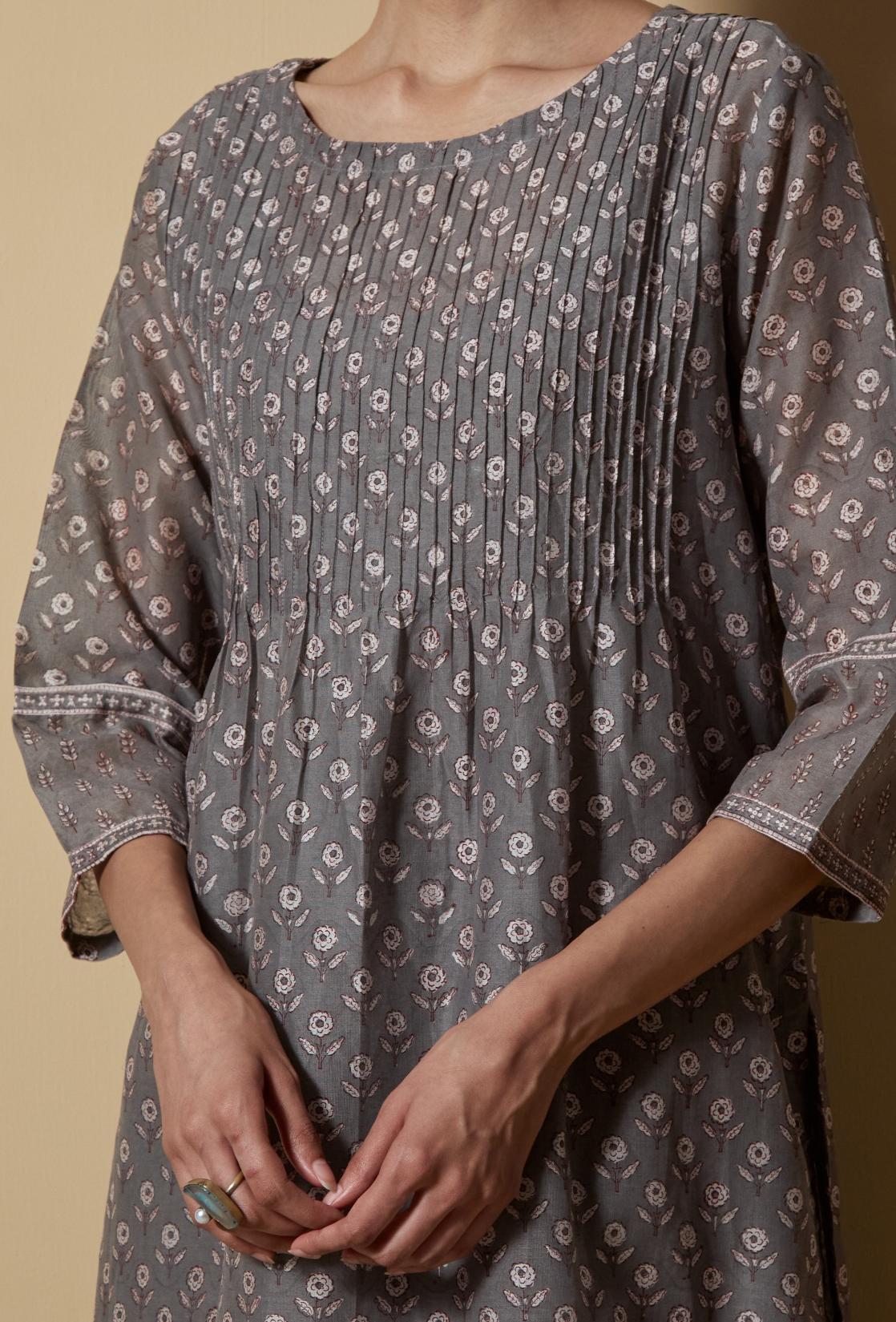 Grey Flared Block-Printed Kurta Set