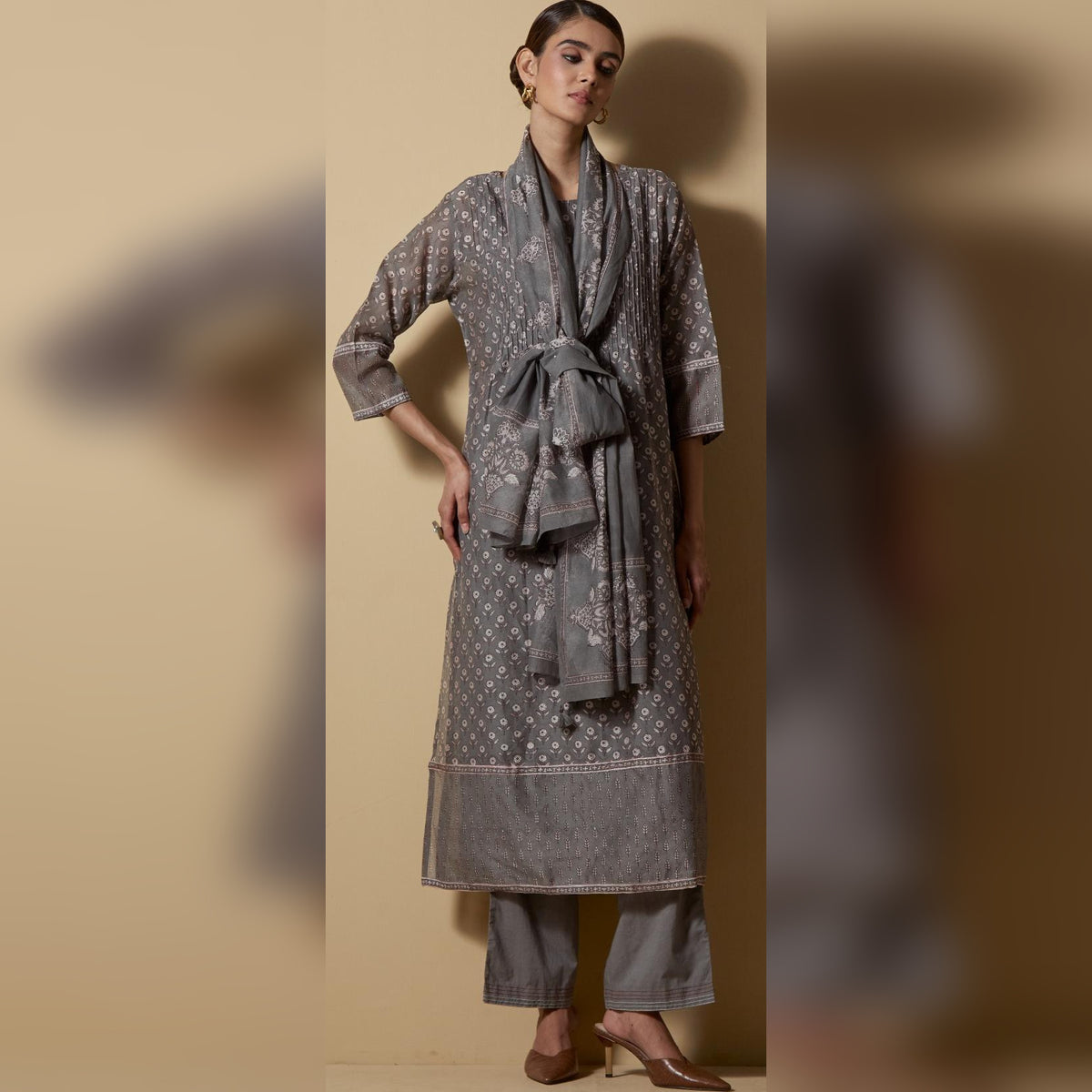 Grey Flared Block-Printed Kurta Set