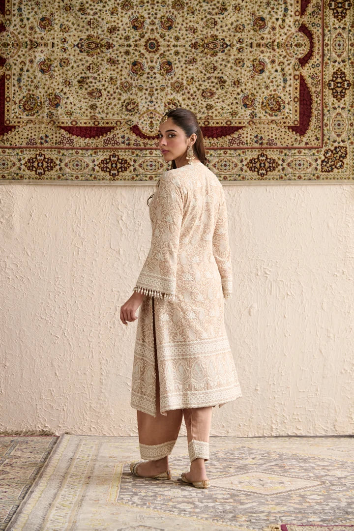 Beige Parsi Gara Long Kurta With Pant