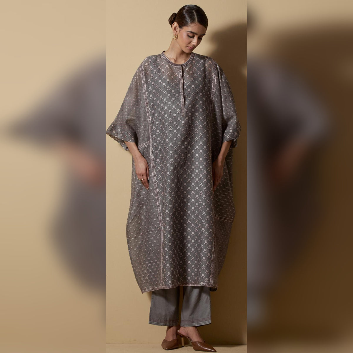 Grey Block-printed Kaftan Set