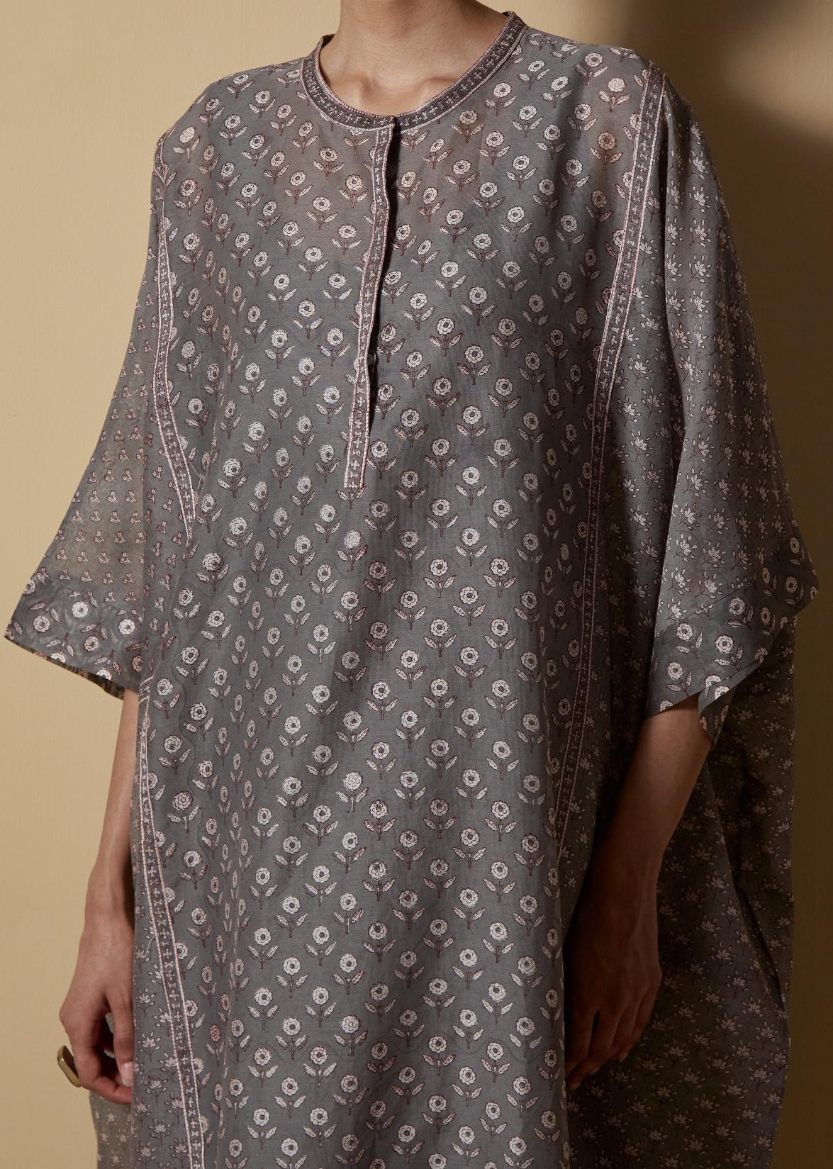 Grey Block-printed Kaftan Set