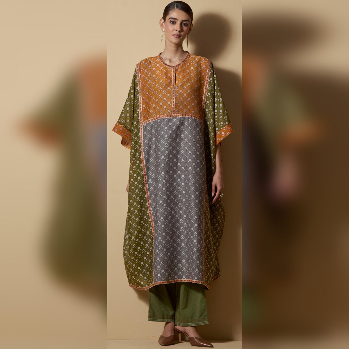 Multicoloured Block-Printed Kaftan Set