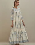 Off white hand block printed three-tiered kurta set