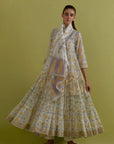 Off white hand block printed multi-tiered kurta set