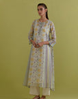 Off white hand block printed multi-tiered kurta set