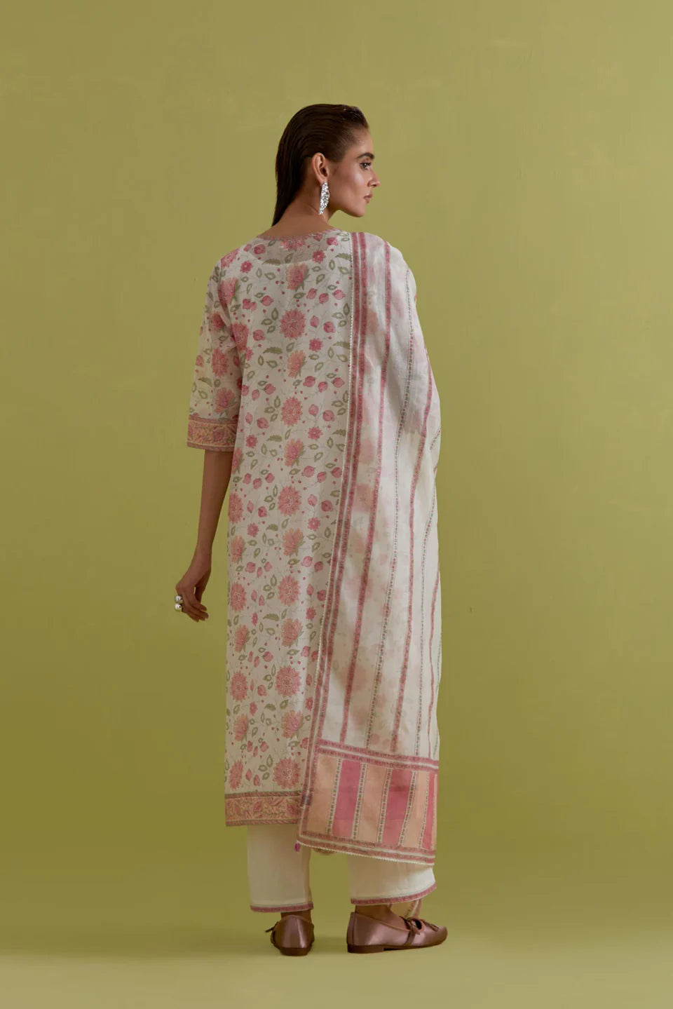 Off white cotton Chanderi hand block printed straight kurta set