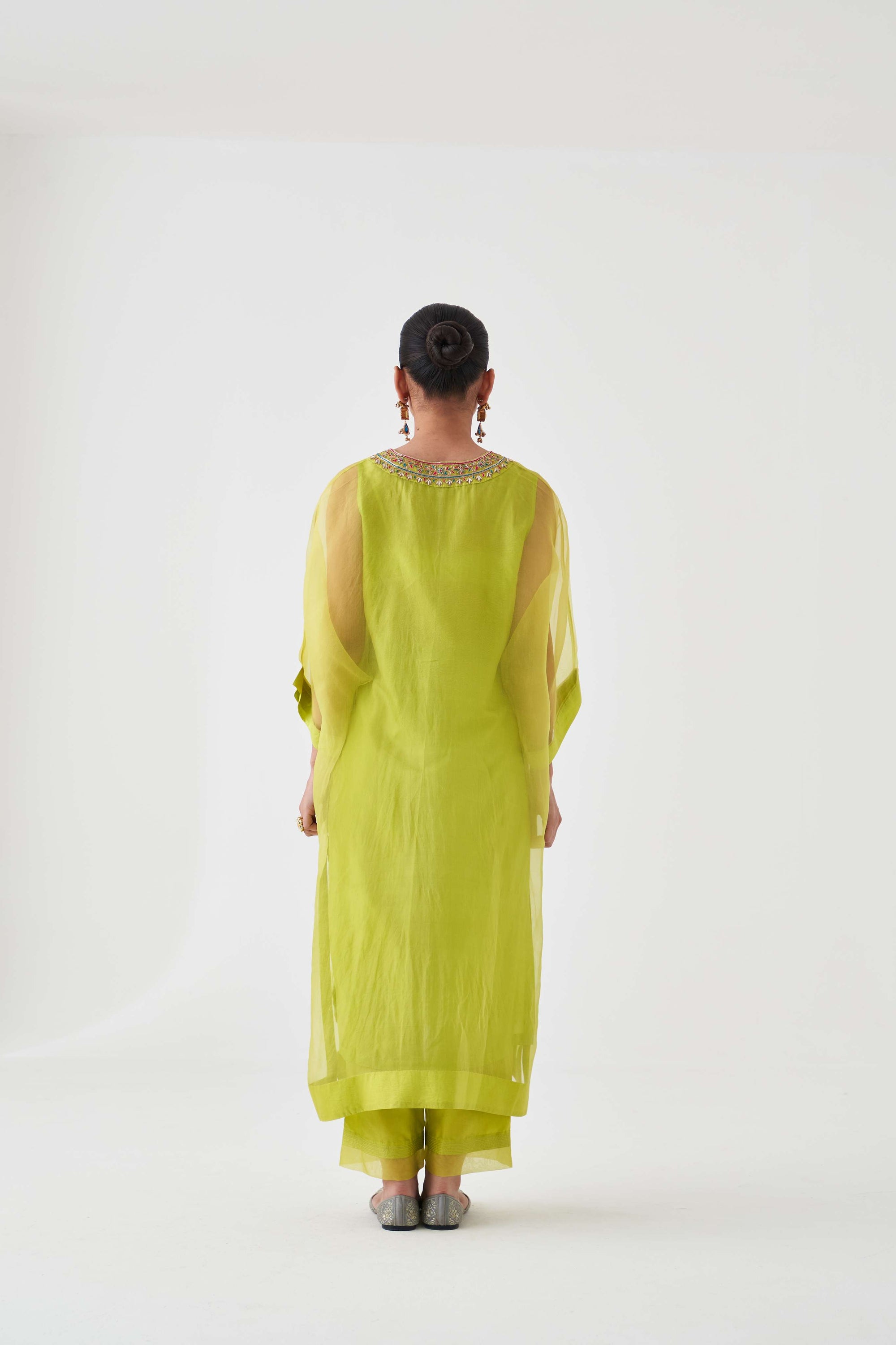 LIME GREEN ORGANZA EMBOIDERED KAFTAN KURTA &amp; SILK SLIP &amp; SILK PANTS