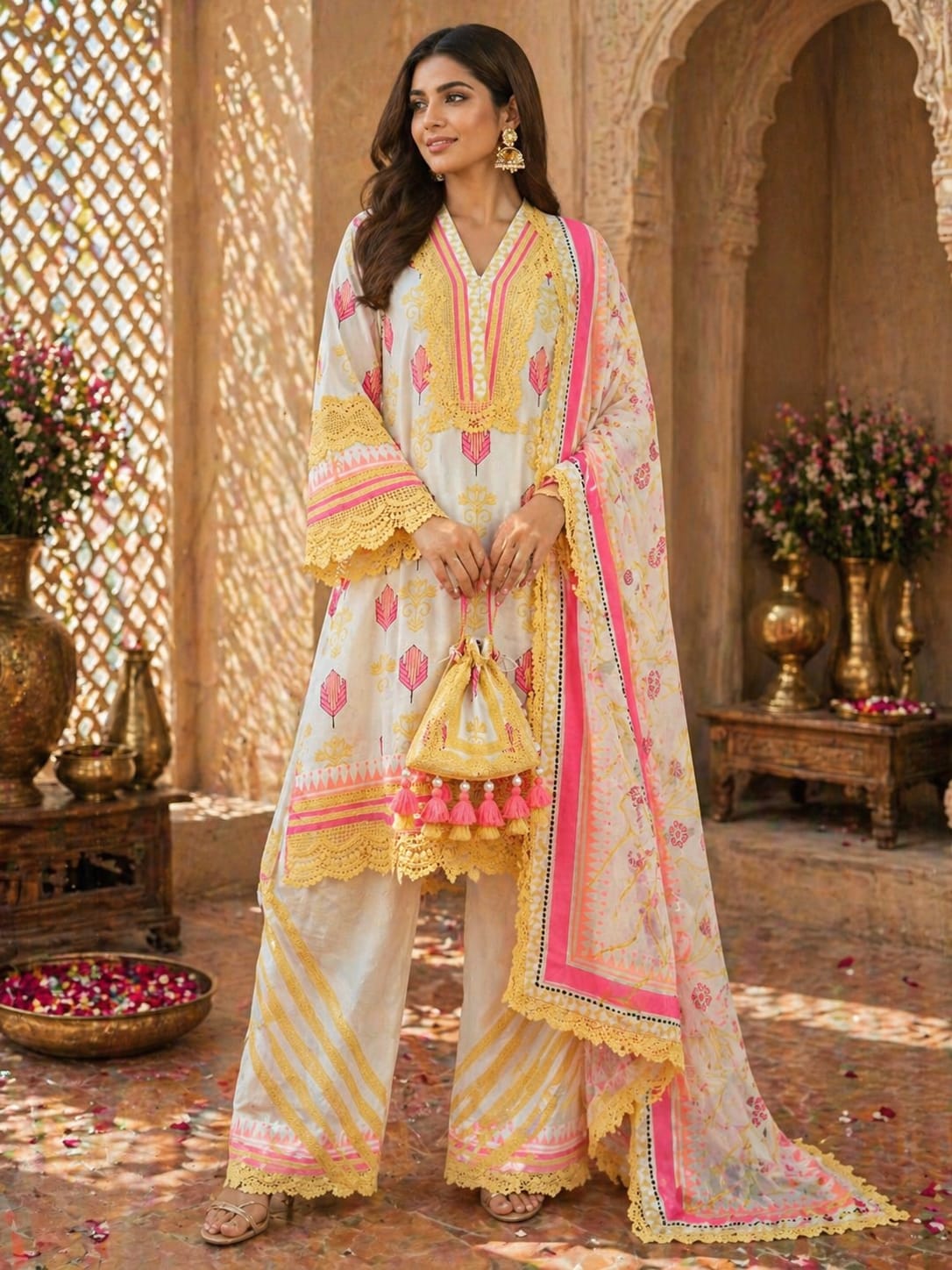 Ivory Yellow Lace A Line With Salwar