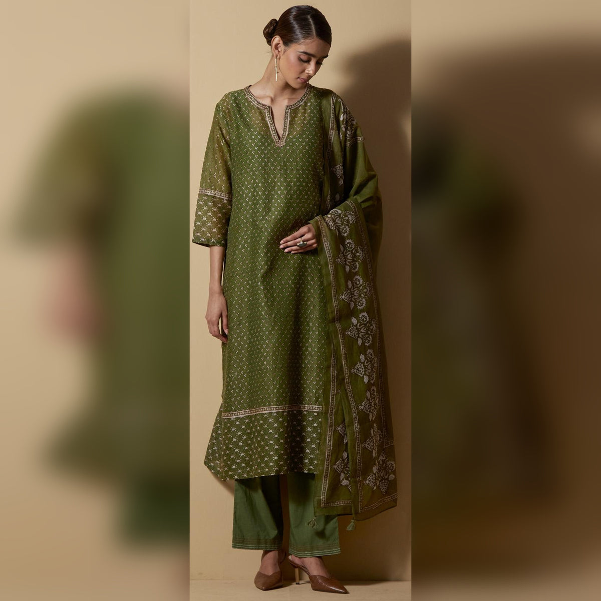 Green Block-printed Kurta Set