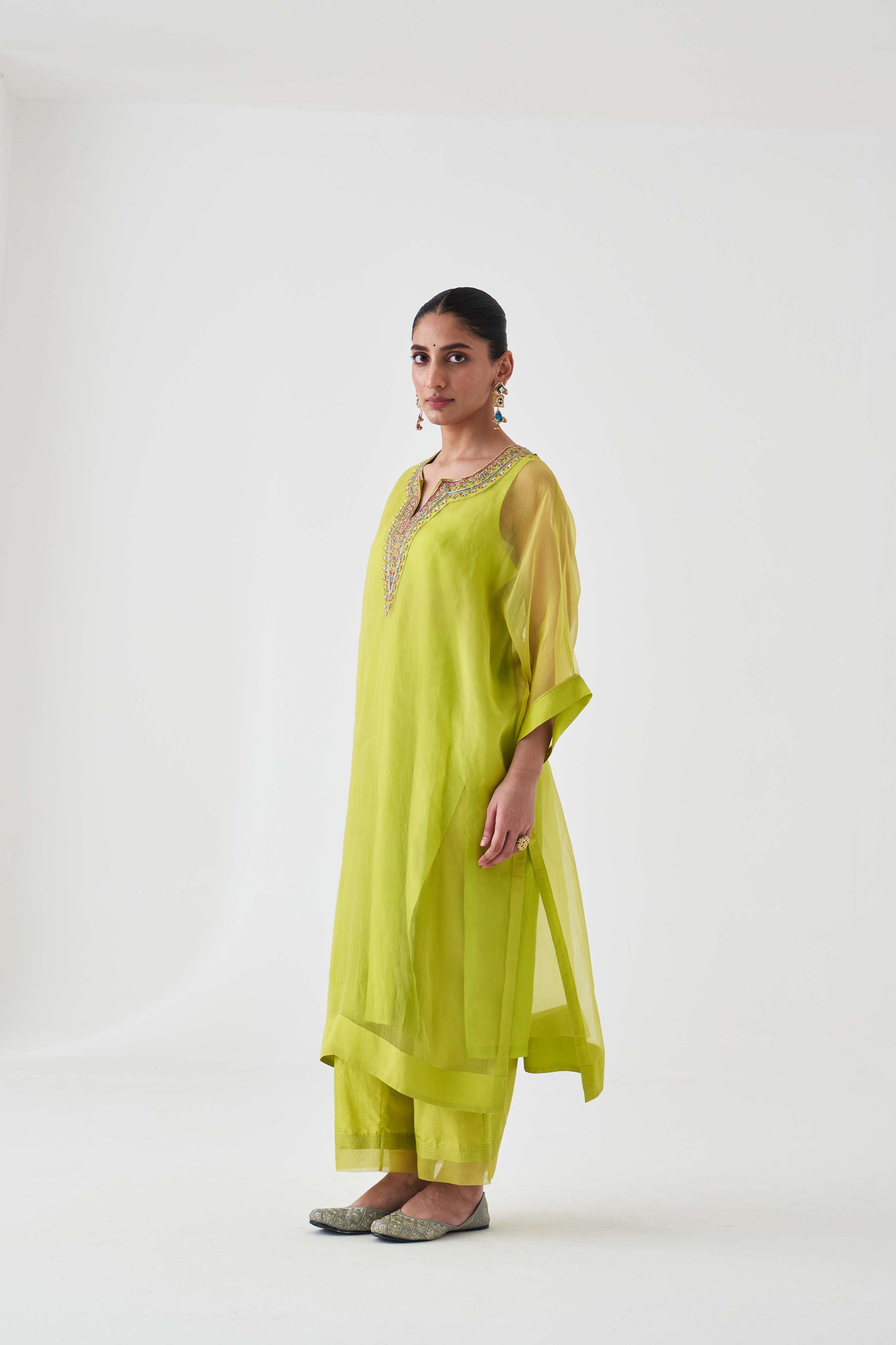 LIME GREEN ORGANZA EMBOIDERED KAFTAN KURTA &amp; SILK SLIP &amp; SILK PANTS