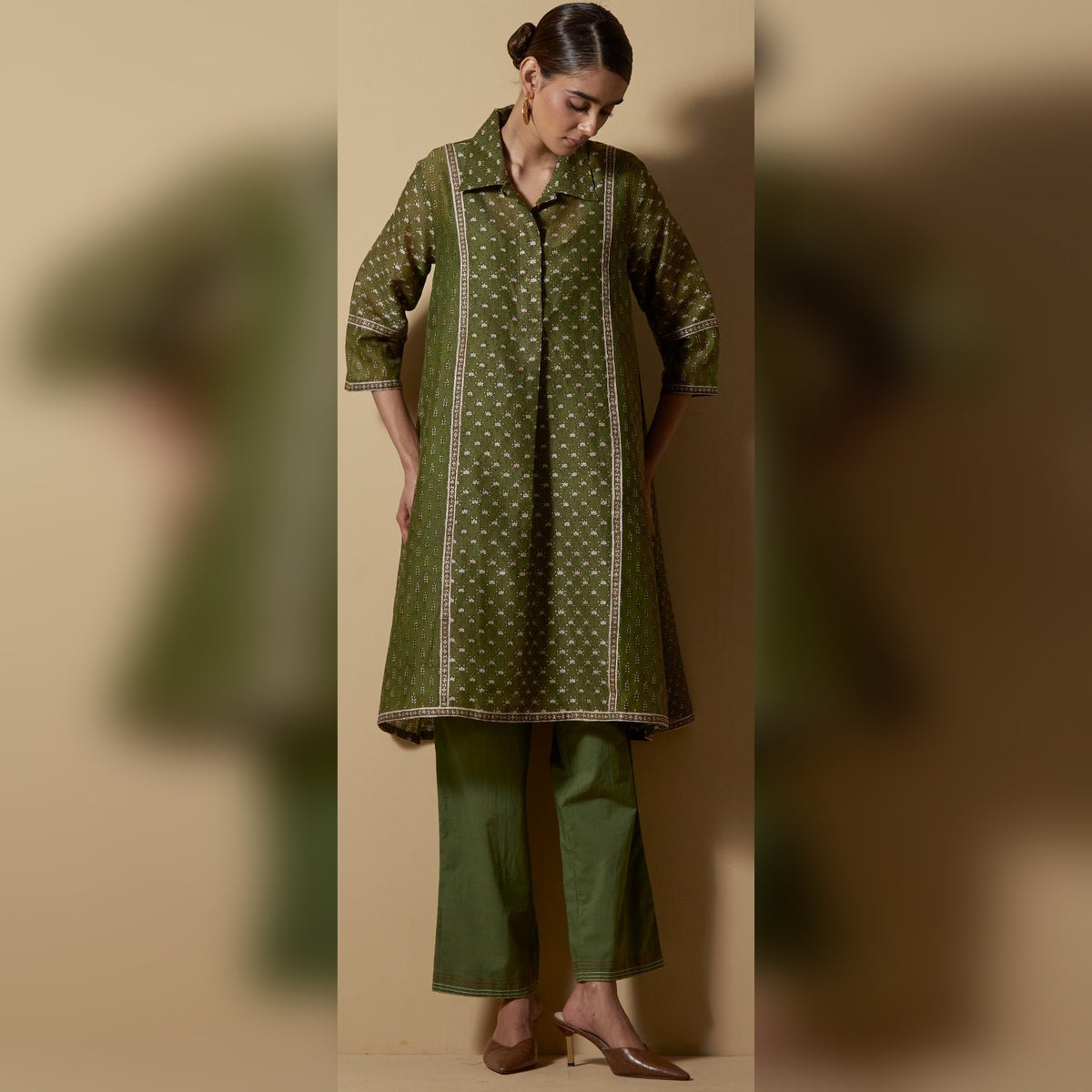 Green Block-Printed Collared Coord Set